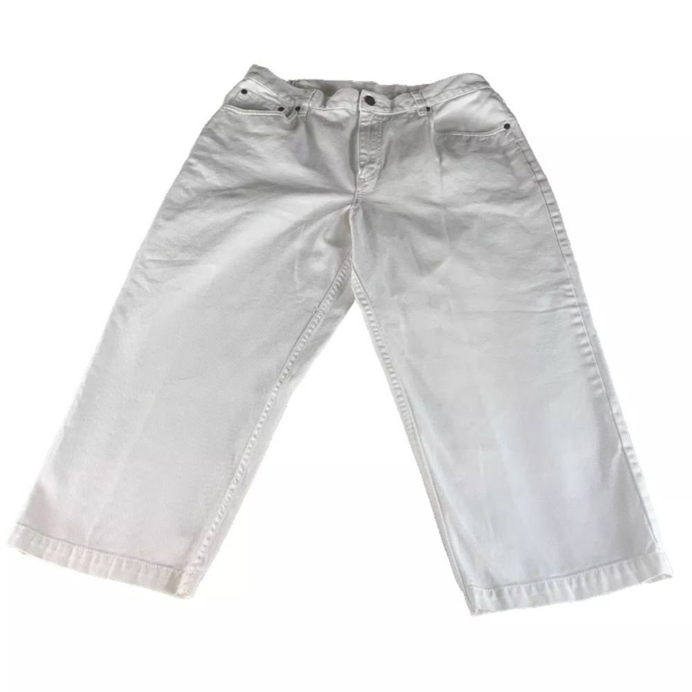 LL Bean Original White Cotton Denim Capri/Cropped Pants Size 14 Elastic Panel